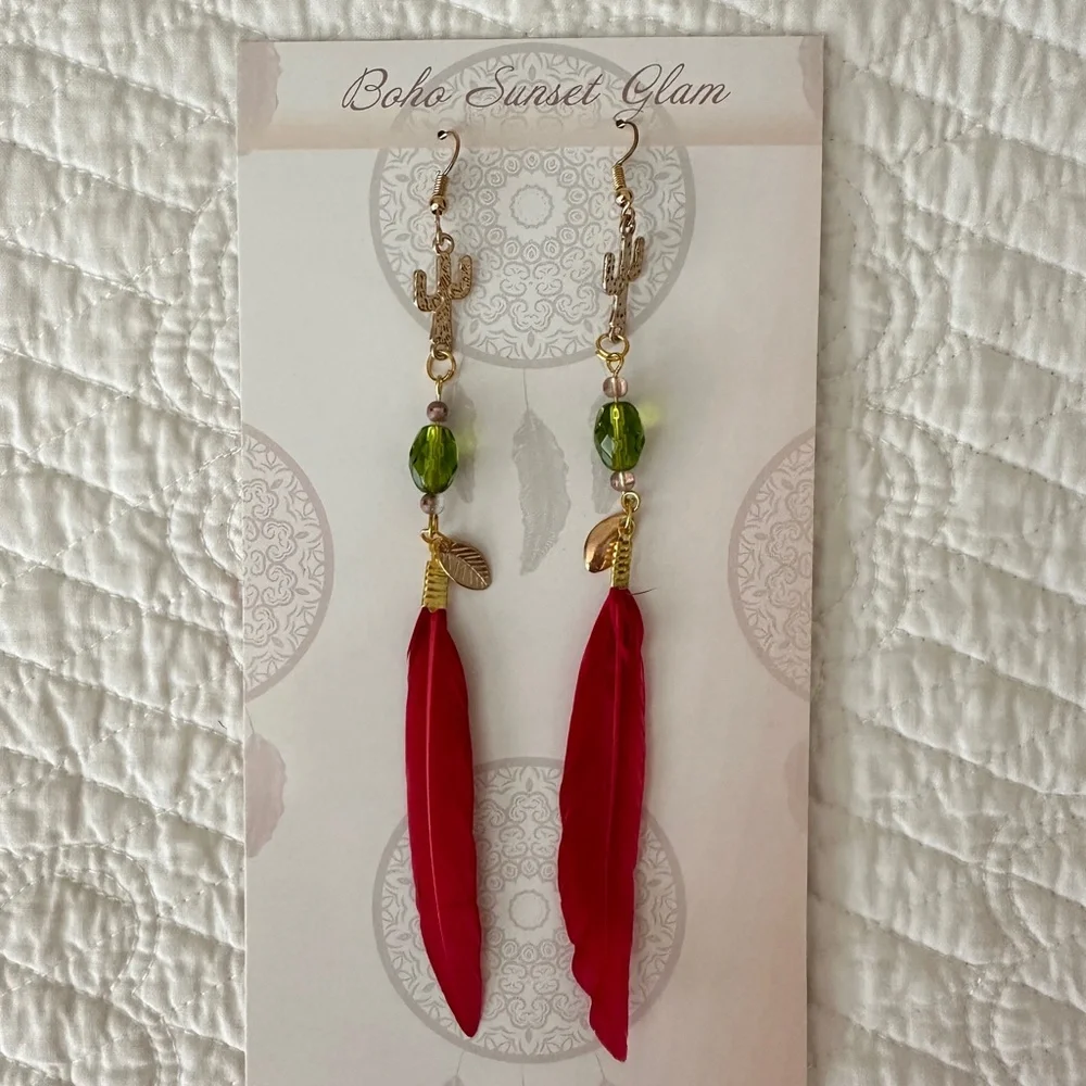 Cactus Southwest Handmade Boho Feather Earrings